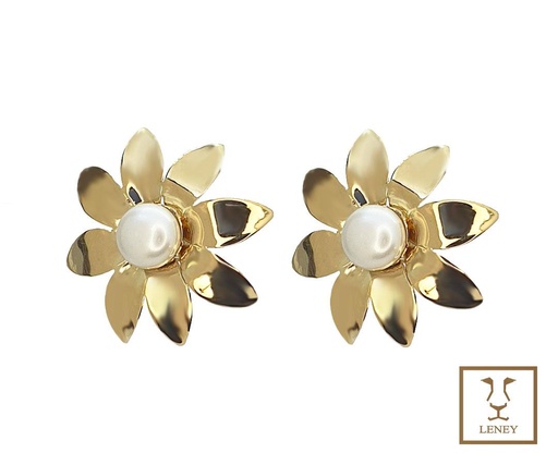 [1447W1] ARETE FLOR GIRASOL PERLA